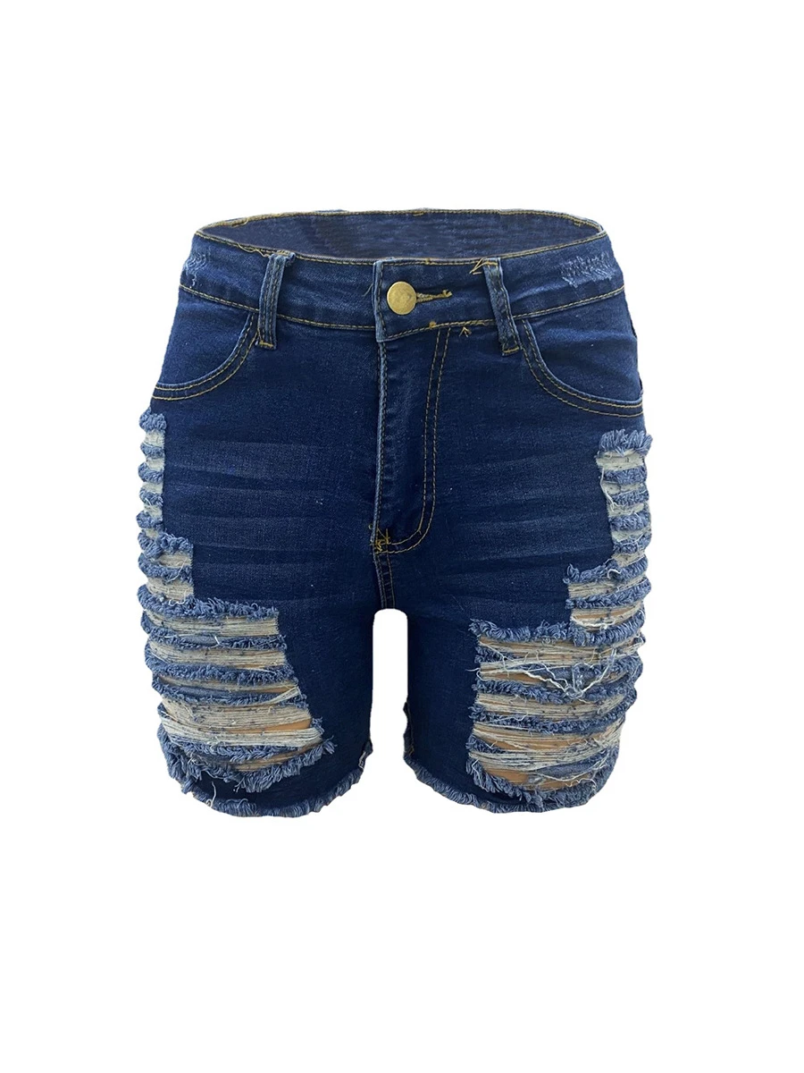 2023 New Summer Hot Hole Women Denim Shorts Bale Pockets Frayed Raw Ripped Denim Cotton High Elasticity Short Jeans For Women