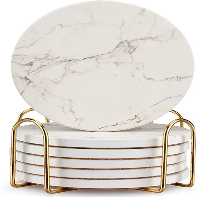 Wholesale High Quality Marble Coaster Set of 4 white Marble Coaster Set Round Natural Coasters with Gold Edges