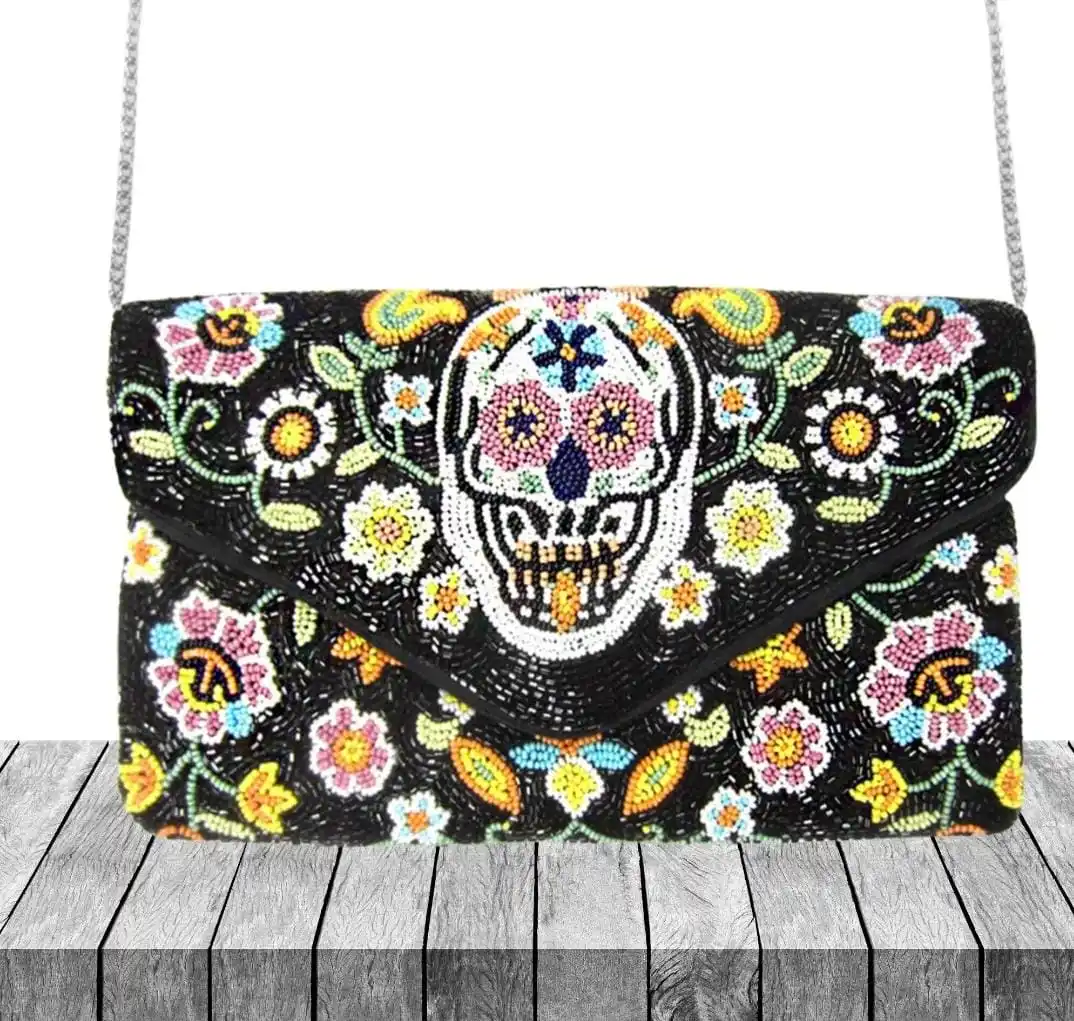 Sugar Skull Seed Bead Crossbody Chain Clutch Boho Bag