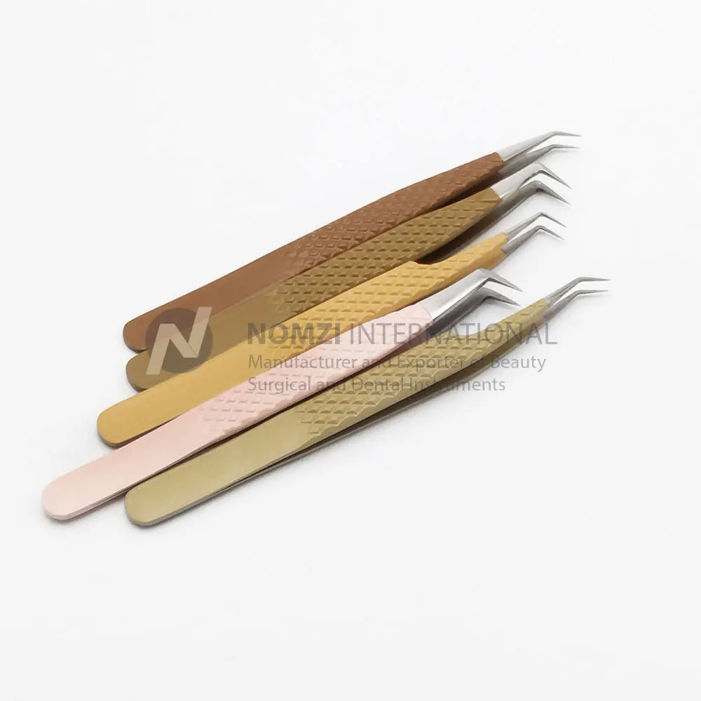 Stainless steel Private Label Brown Pink Color Stainless Steel Diamond Grip Eyelash Extension Tweezers With Custom Packing