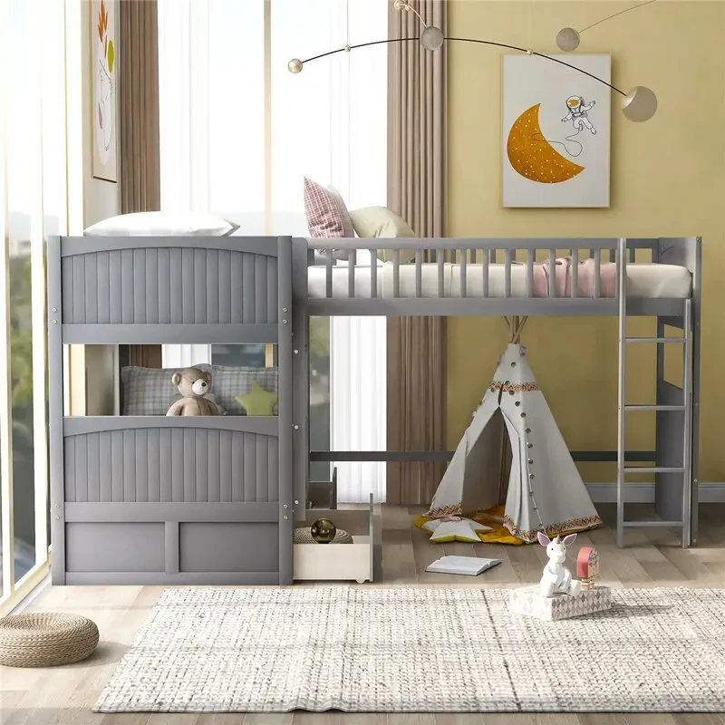 Maximalist Decor Furniture Triple Bunk Beds White Wooden L-Shaped Bunk Bed With Ladder and Storage Drawers