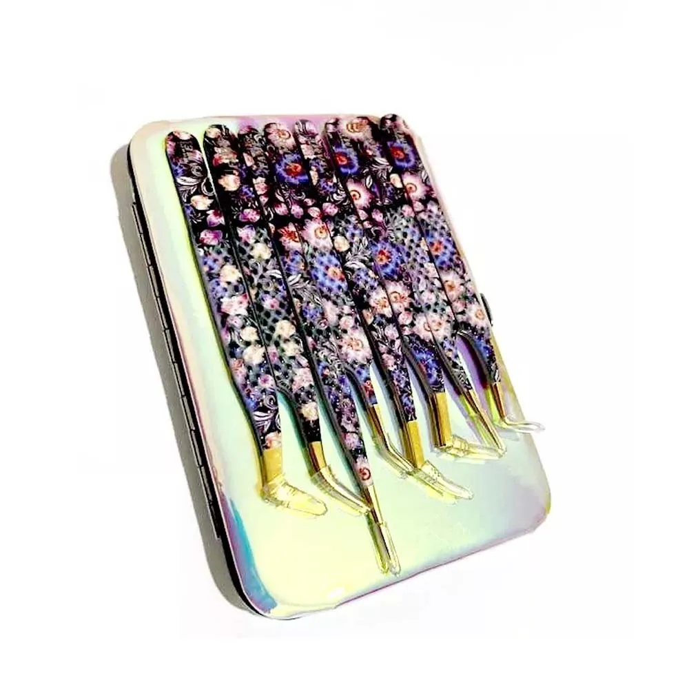 Fine Quality USA Best Selling Eyelash Tweezers Beautiful Flower Paper Printed Handle and Gold Tip with 3 & 6 Pieces Case