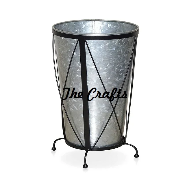 Marvelous Design Metal Galvanized Flower Pot Planter With Black Iron Stand Decorative Plater At Competitive Prices