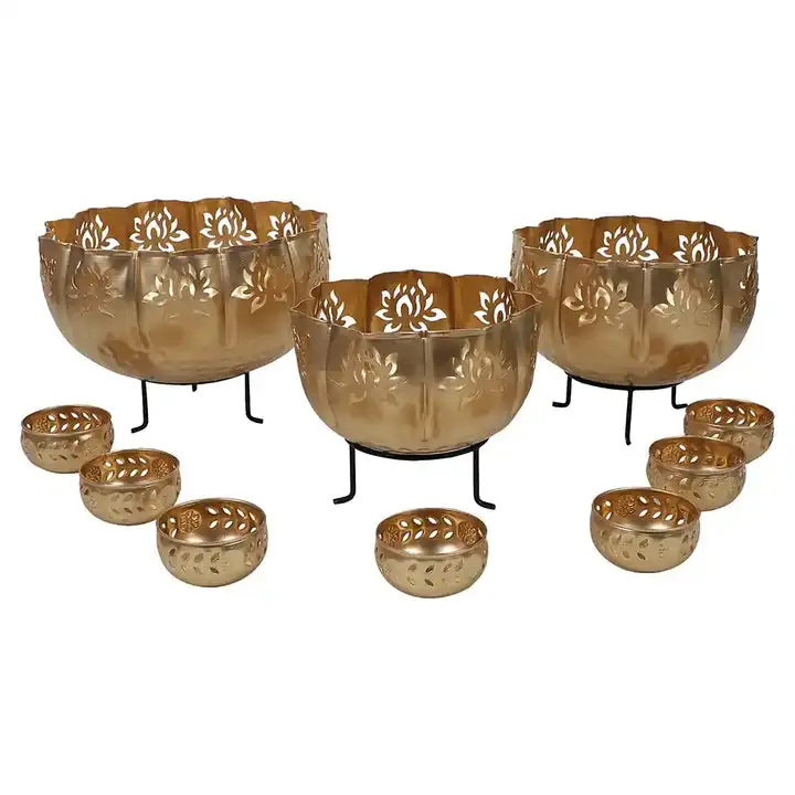 2024 Trending Metal Urli Diya Bowl Set For Puja Diwali Decoration Home Decor Deep Mandir Lotus Lighting Candle Tea Light