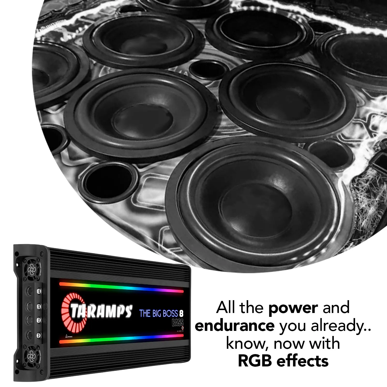 Taramps The Big Boss 8 Bass Black Color Amplifier 0.5 to 2 Ohm 8000 Watts RMS 108 RGB Effects Multi Impedance Smart 8k Car Audio