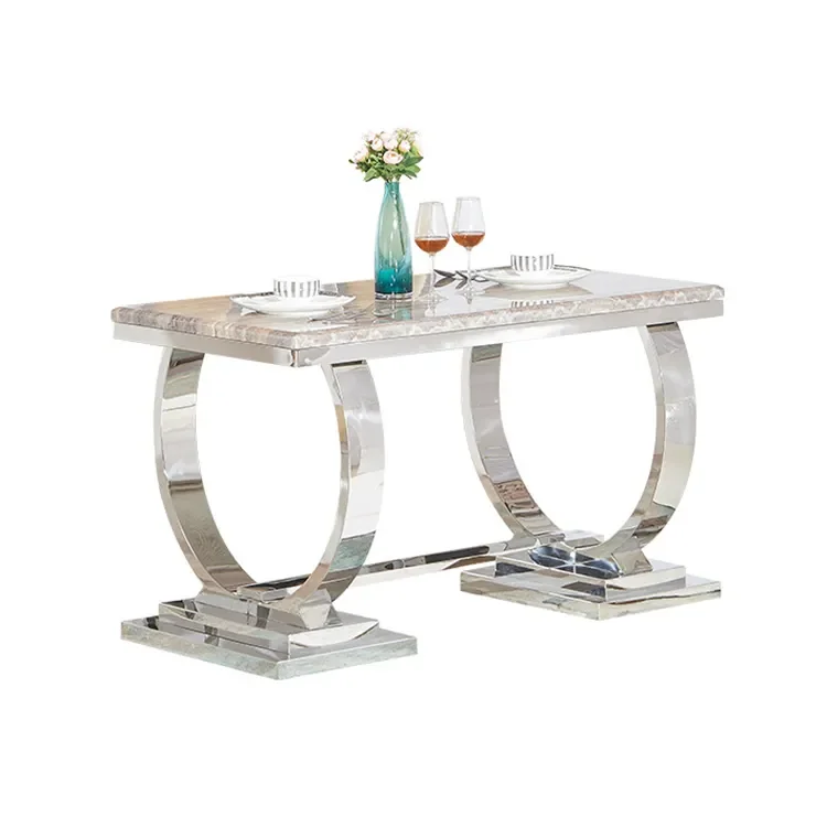 Modern luxury stainless steel furniture marble top dining room table set 6/8 seater stainless steel base marble dinning table
