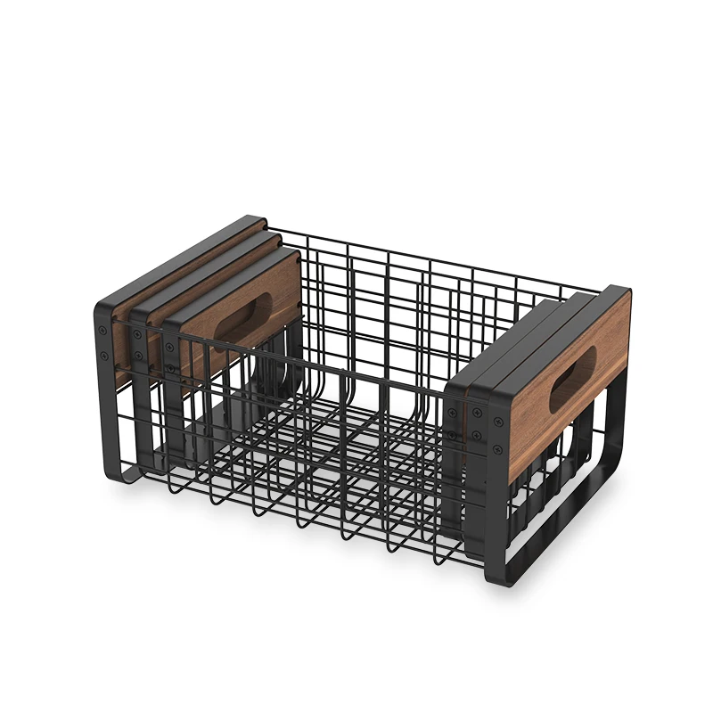 WIREKING New Design 3 Size Stable Metal and MDF Storage Basket Seasoning Bottle Holder with Handle