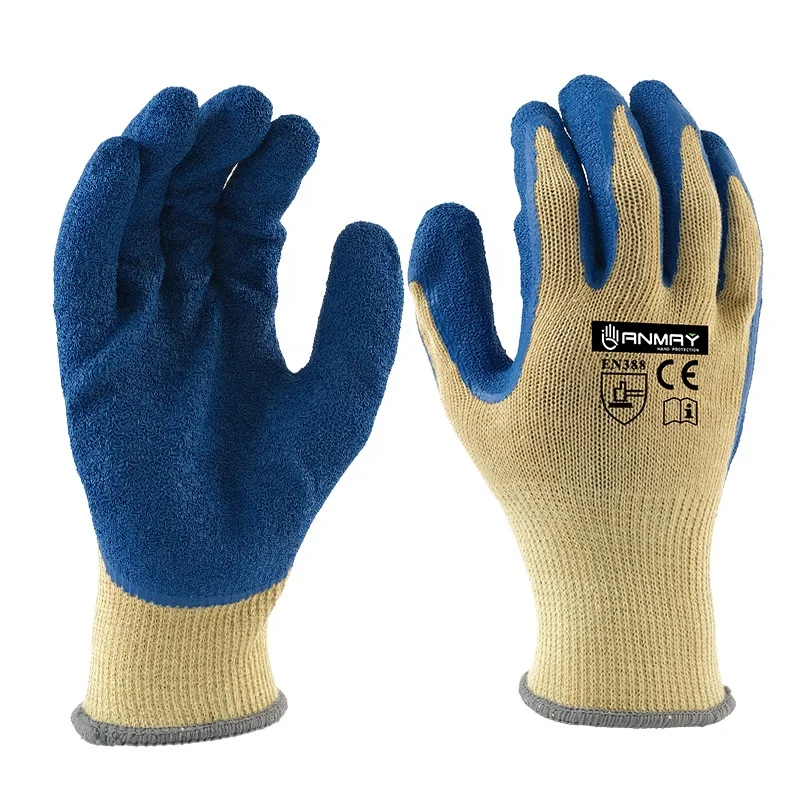 Heat Flame Resistant Burn Resistant Aramid 1414 Fiber ANSI A3 Anti Cut Level 5 Cut Resistant Blue Crinkle Latex Coated Gloves