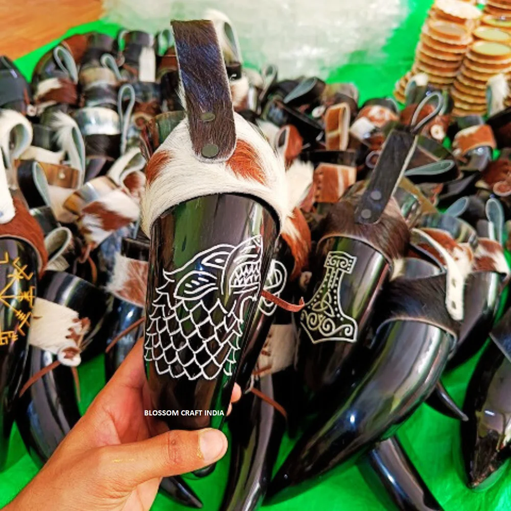 New Viking Drinking Horn Genuine Cow Handcrafted Engraved Drinking Horn with Goat Holders For Mead Ale Agate For Gifting