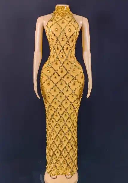 Rhinestone See Through Mesh Fishnet Hollow Out Split Bikini Swimsuits Sleeveless Cover Up Beach Dress