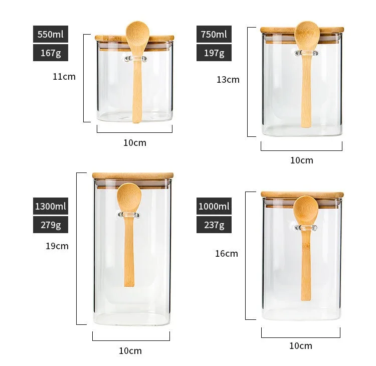 Wholesale borosilicate food storage container clear spice sugar food square glass storage jar with bamboo lid spoon
