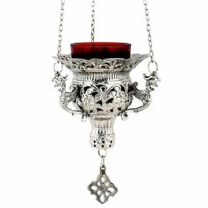 Silver Brass Hanging Vigil Lamp with Ornaments (Large Traditional Russian Orthodox Hanging Oil Vigil Lamp Brass