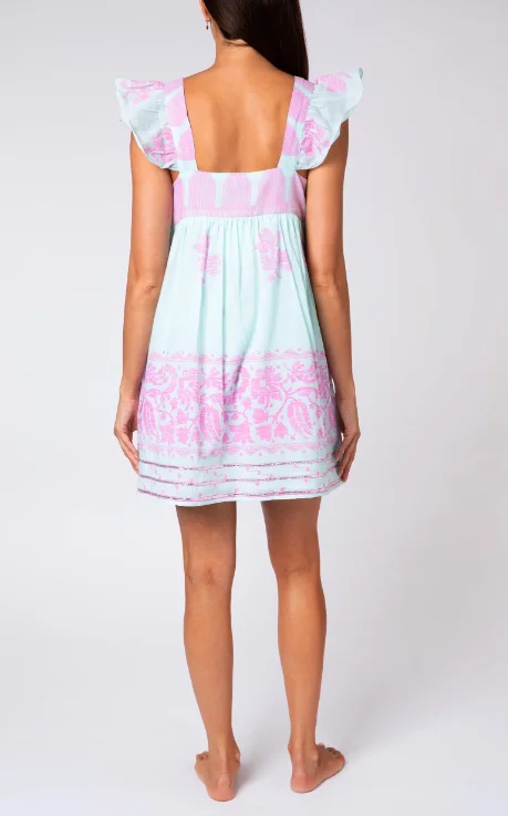 Relax Women Sea Breeze Dhaka Print Baby Doll Dress In Aqua & Pink Perfect Summer Cute Girls Fun Mini Sundress