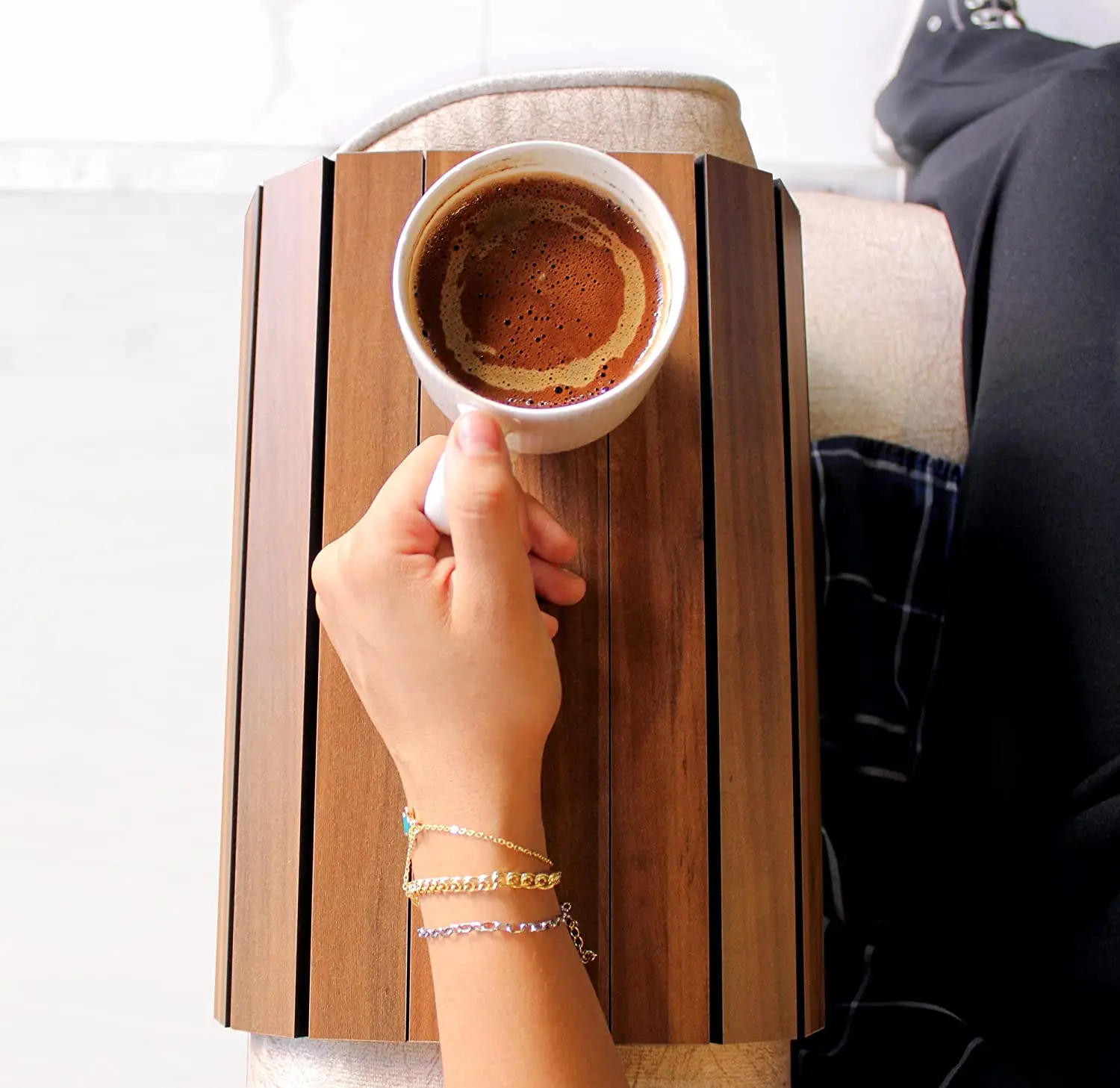 Eco-friendly Bamboo Wood Sofa Arm Tray for Couch Flexible Sofa Tray Couch arm Table Perfect for Drinks Snacks Remote