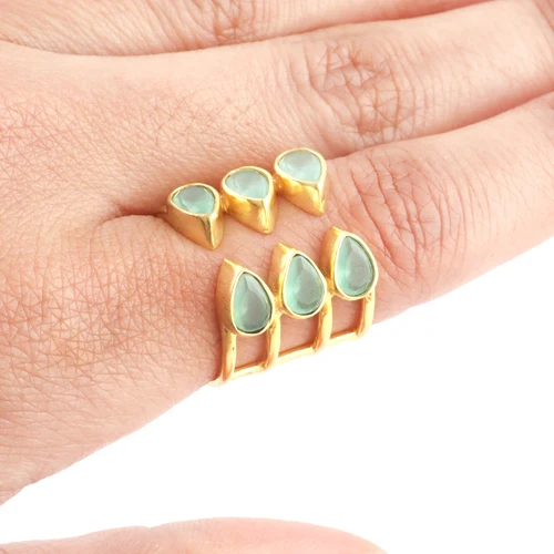 Latest Style Multi Stone Pear Aqua Chalcedony Statement Rings 24k Gold Plated Multi Layer Open Adjustable Rings Engagement Rings