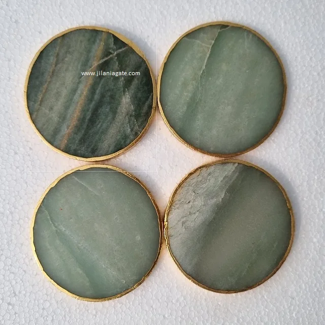 Green Aventurine Agate Coaster Wholesale round Quartz Gemstone Tabletop Gold Plating Ball Theme Decorations Love Style Rose Jade