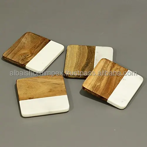 Customizable Colorful Wooden Bark Coasters Set of 4 Square Marble Mats Pads with Glass Holder for Kitchen Table Decor