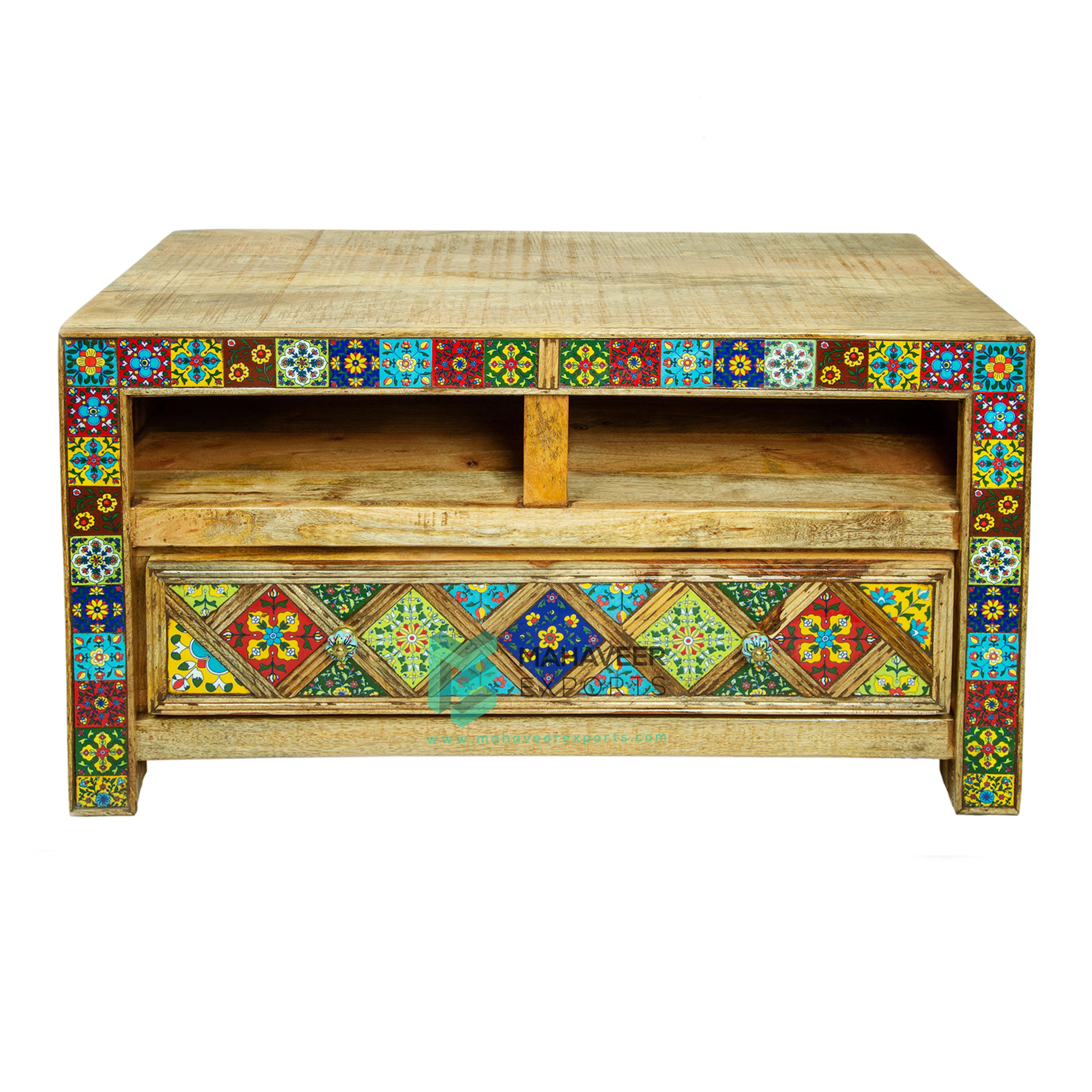 Wooden Ceramic Tiles Fitted One Drawer Plasma TV Stand In Natura Wood Finish For Living Room / Bedroom Modern Designed Furniture