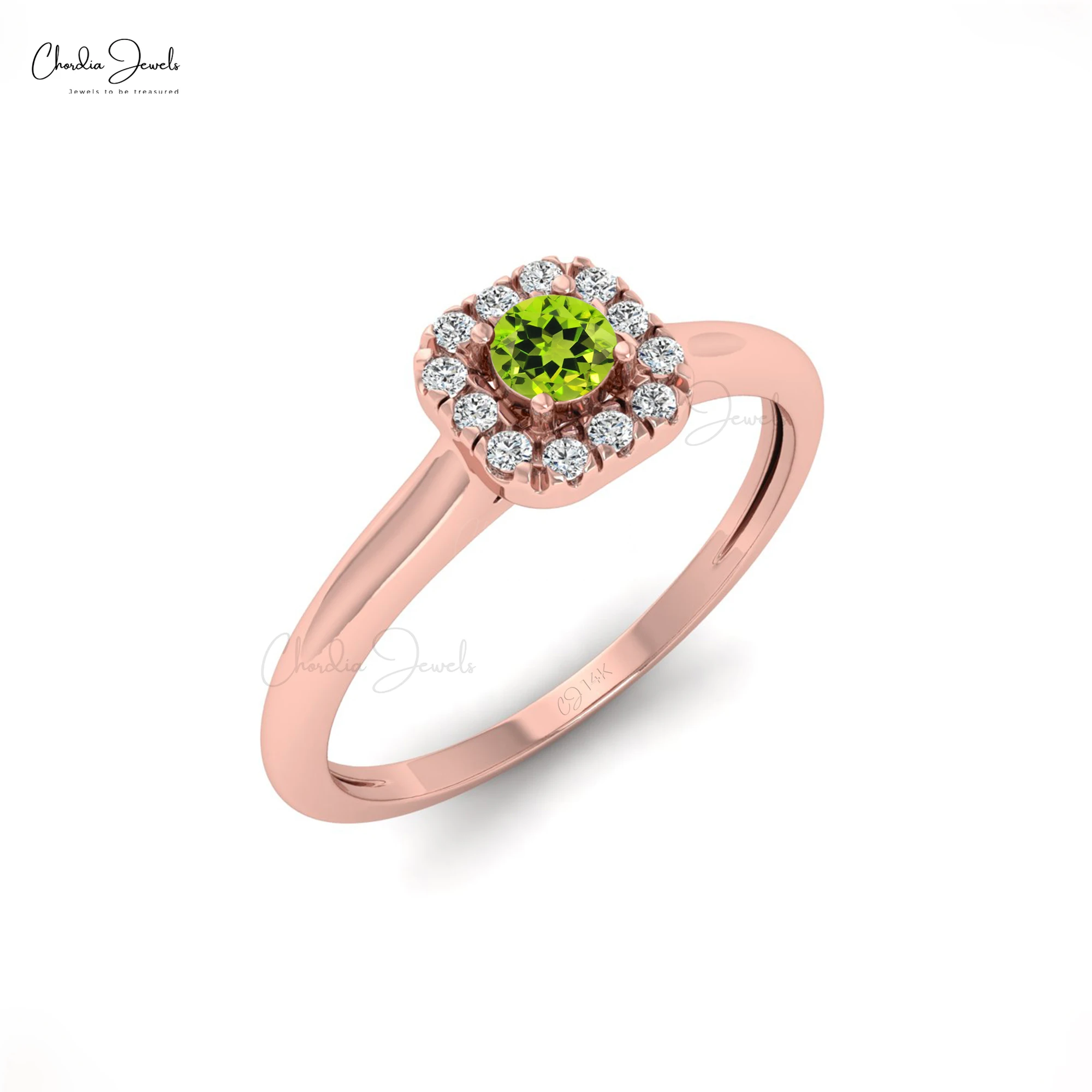 Hot Selling 14k Solid Gold Halo Ring Green Peridot 3mm August Birthstone Ring Small Diamond Prong Set Ring Free Delivery Items