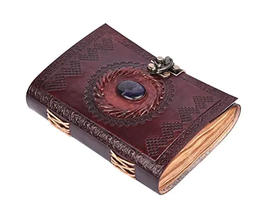 Vintage Leather A5 Journal 18 x 13 cm Dark Brown with Original Lapis Lazuli Stone & Antique Lock Paper Cover for Men & Women