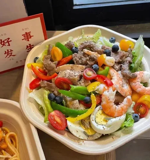 PFAS Free bagasse fiber disposable tableware take away food container lunch box 56oz hexagon salad bowl with lid