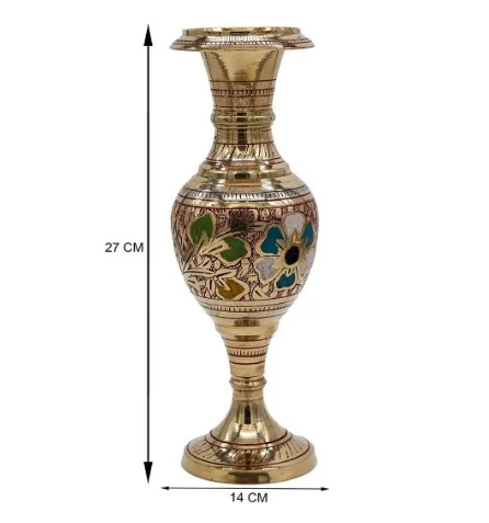 Hand Crafted Brass Flower Vase Brass Flower Pot for Office and Home Decor with Multicolor Design and Nakarshi. Size -27x14