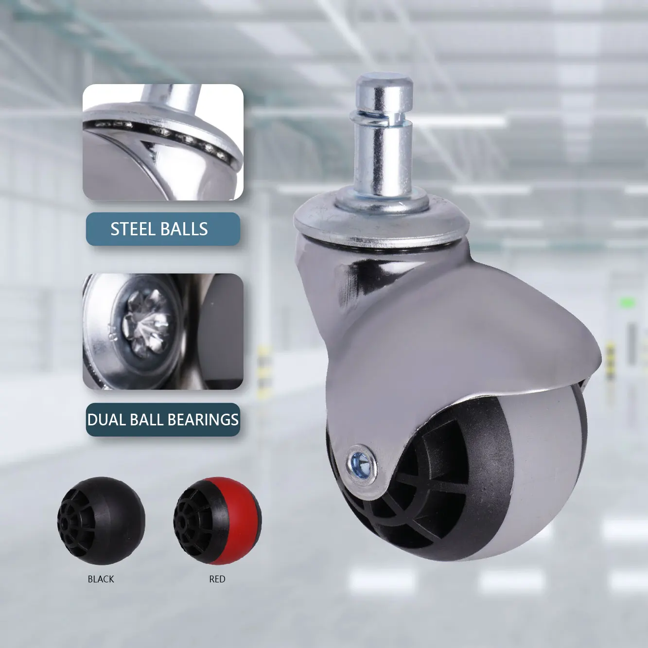 Office Chair Grey Rubber Wheel Ball Casters 2 inch With Universal Stem Size