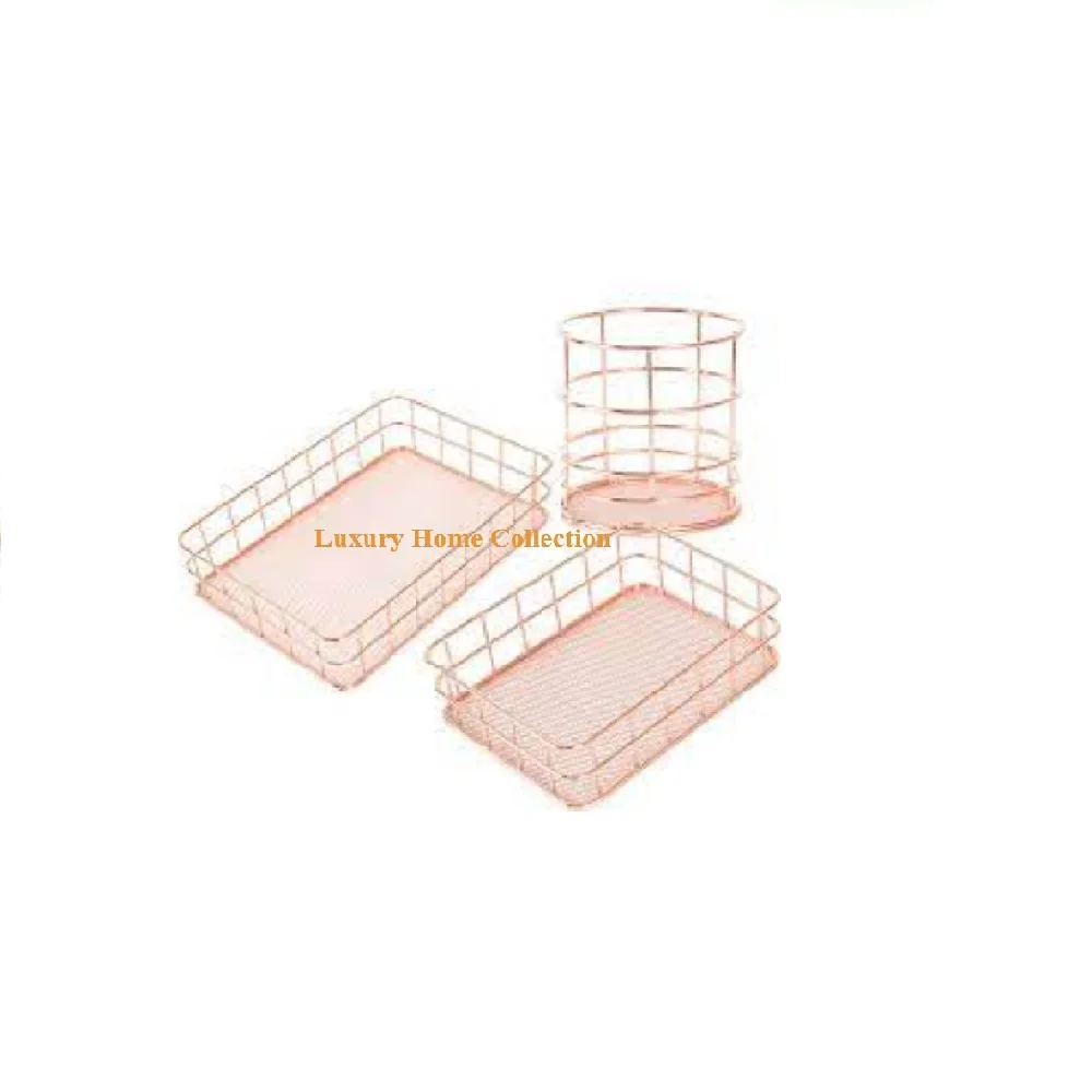 Rose Gold plated Metal Heavy Duty Storage Bucket And Basket Set Of 3 With Two Basket tray And Pen & Cutlery Holder Shiny Polish