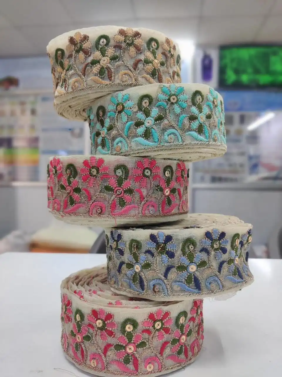 custom made embroidered thread work laces with multi coloured options in sequins embroidery in 1.5 inch width in floral design.