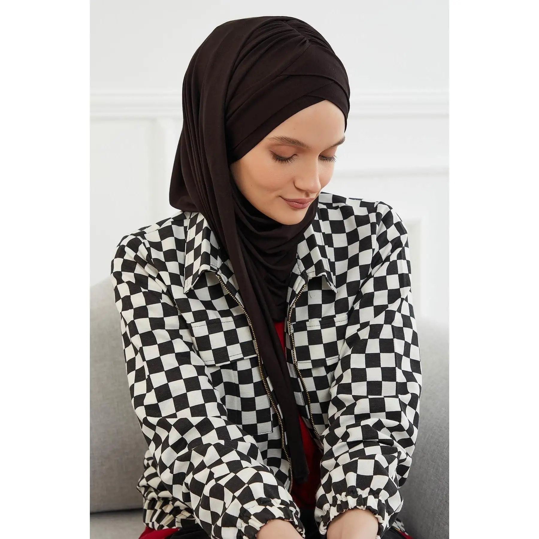 Front Cross Stitching Gathered Practical Combed Cotton Shawl,CPS 45,CPS 45 Black
