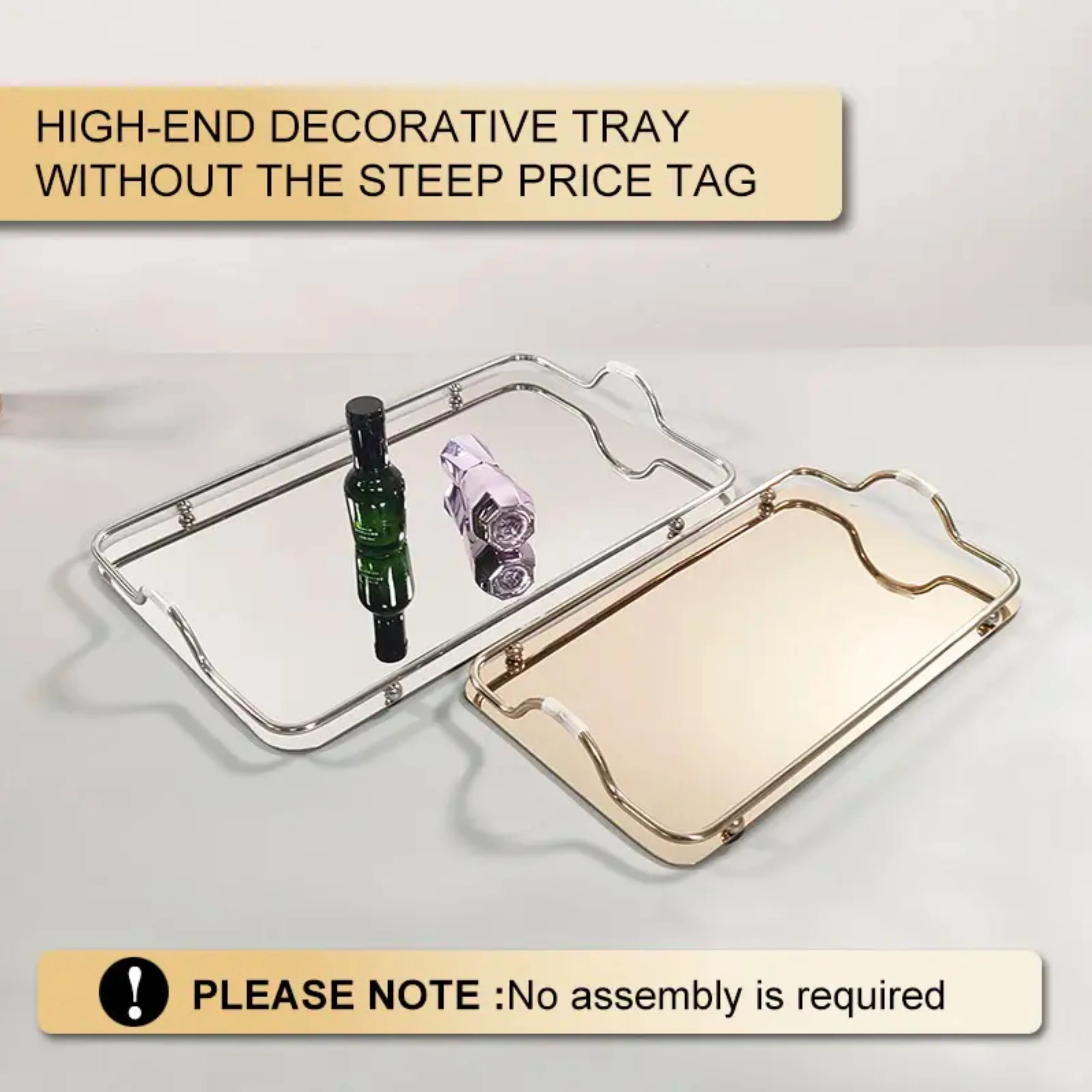 Luxury Antique Metal Serving Rectangle Decorative Trays Mirror Finished with Metal Handles for Hotels and Home