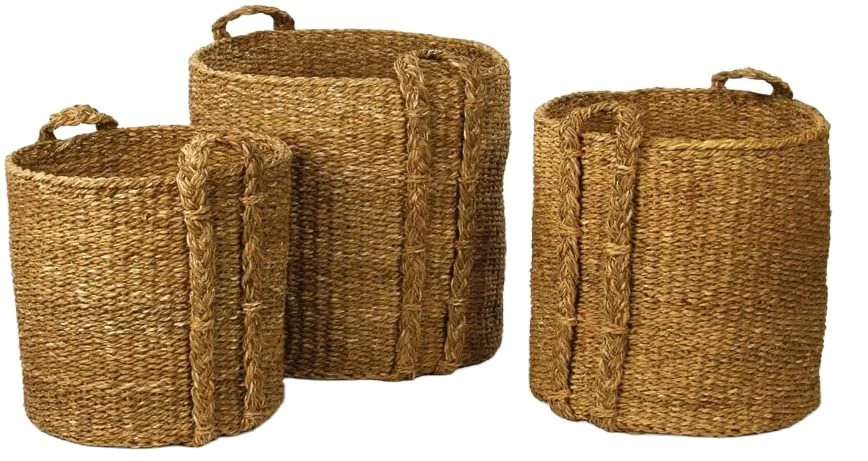 HOME Set of 3 Round Woven Sea Grass Storage Baskets Large Natural Handles Laundry Baskets Cat tail Basket