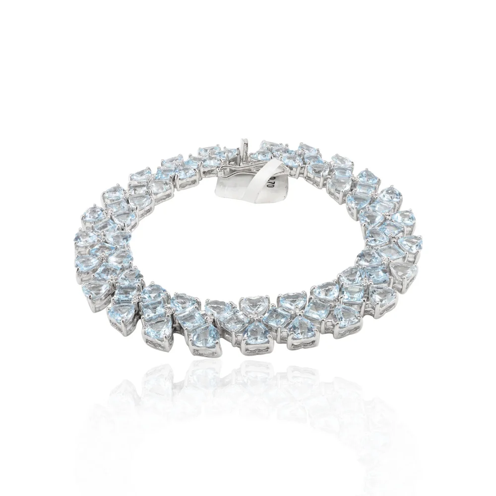 100% Natural Gemstone Heart & Square Shape Aquamarine Tennis Bracelet Set In Prong Setting Pure 925 Sterling Silver