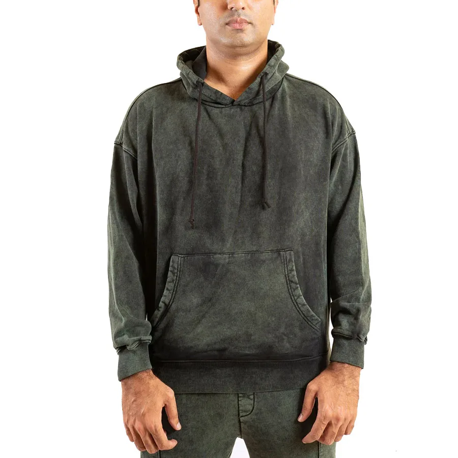 Latest Streetwear Style Men Breathable Thick Fleece Grey Acid Washed Pullover Boxy Fit Hoodies With Kangaroo Pocket In Bulk