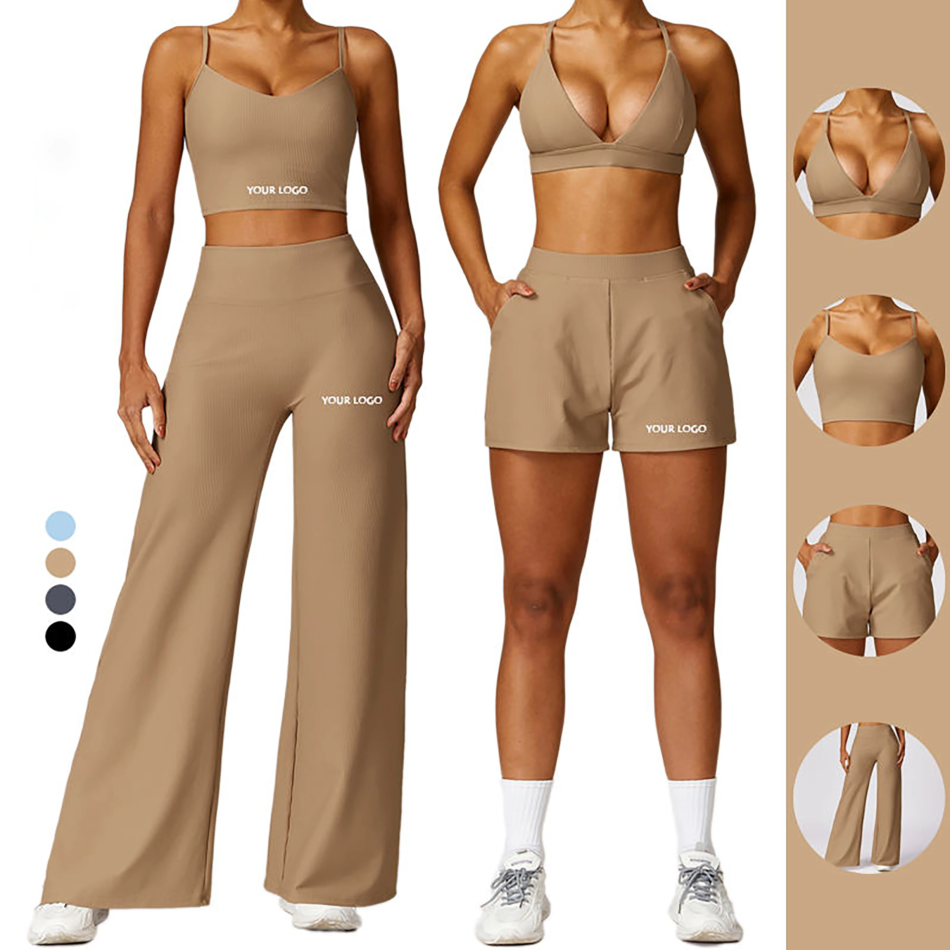 Women 2 Piece Gym Workout Suit High Back Sports Bra Tanktop Pockets 2Pcs Shorts Pants Ladies Ribbed Seamless Fitness Yoga Sets