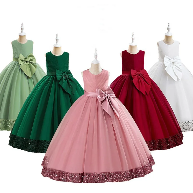 European Style kids children evening party dress girl wedding gown for 12 years old satin girl birthday dresses