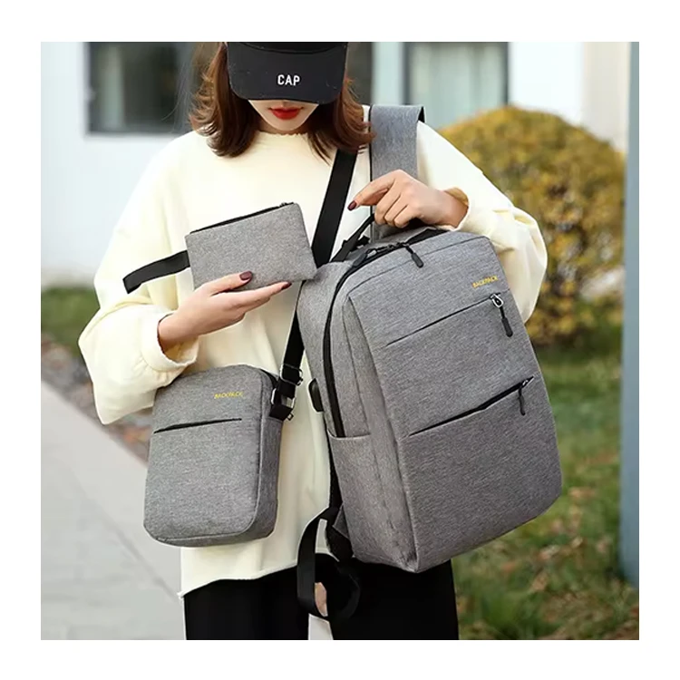 High Quality Print Log Office Casual Computer Rucksack Polyester Bag Laptop Backpacks 3Pcs Set For Men