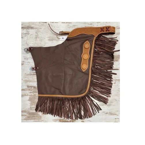 Premium Cow softy leather Chinks chaps with fringes with hand tooled leather design vest belts silver conchos hardware