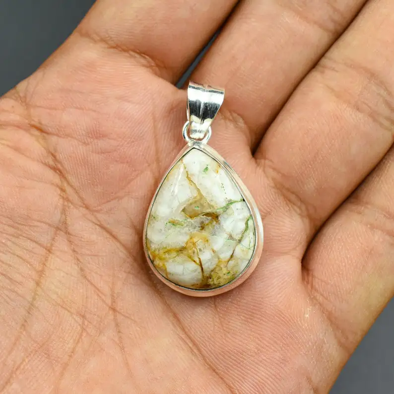 Handmade 925 Sterling Silver Beautiful Picture Jasper Pendant Necklace Diamond Pearl Cross-Shaped Flower for Mum for Weddings