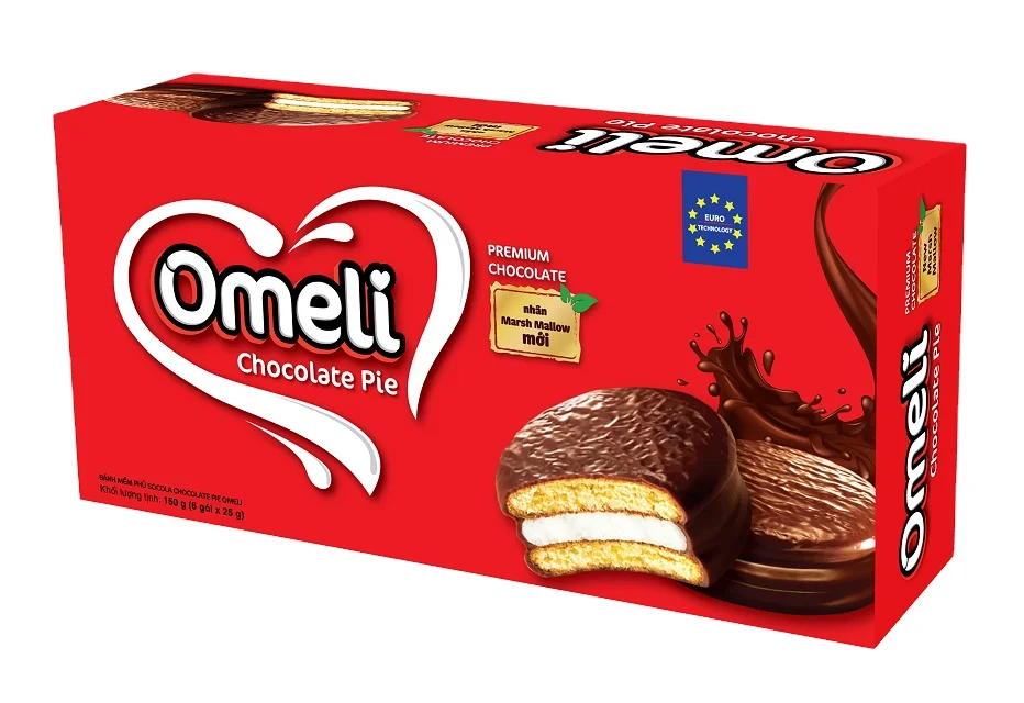 Omeli Brand Premium Quality 50g Chocolate Pie Biscuits ISO 22000:2018 HALAL Certified Paper Box Vietnam Exporter