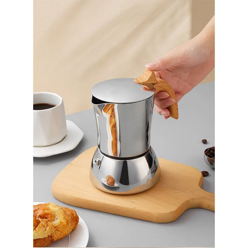 New Design Italy High Quality Wood Handle Personalized Steel Espresso Maker Coffee Moka Pot