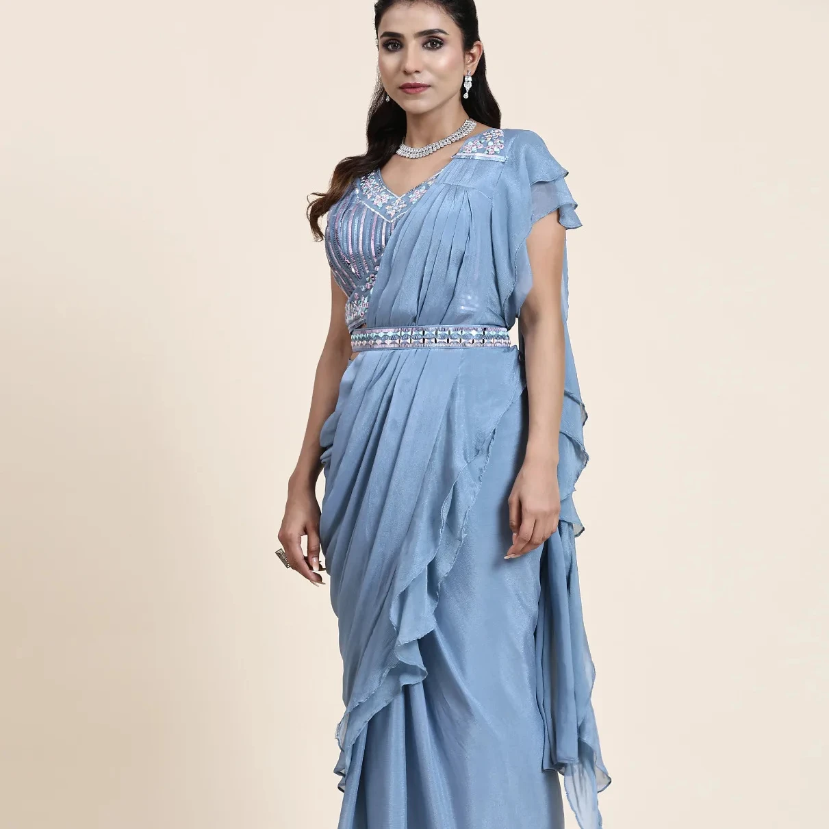 LATEST DESIGNER PURE CHINNON FABRIC WITH RUFFLE STYLE PALLU AND MIRROR WITH CD WORK BELT  SAREE