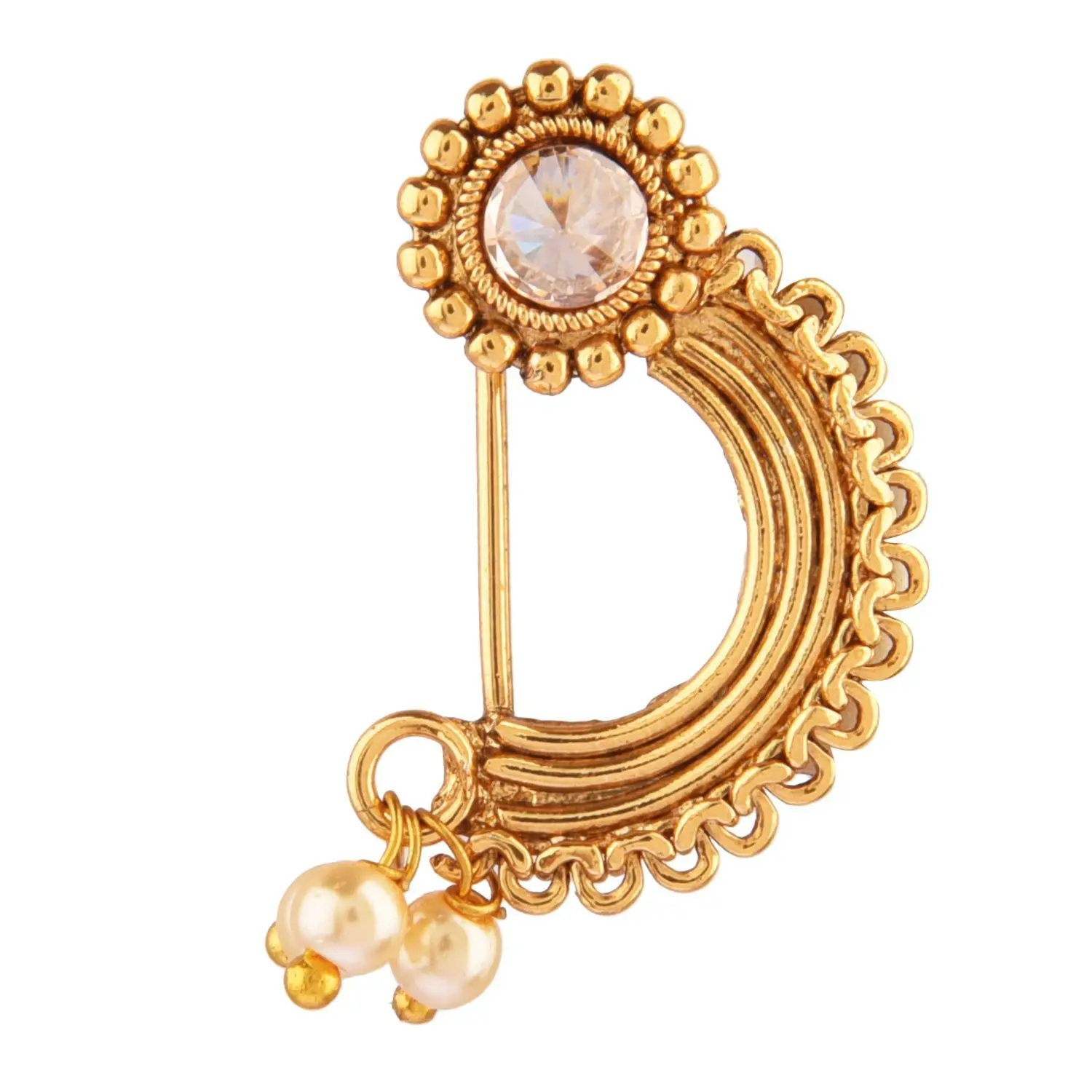 Indian Traditional Faux Pearl Drop Nose Ring Floral Nath Nathani Bridal Crystal Wedding Non Piercing Jewelry for Women, White