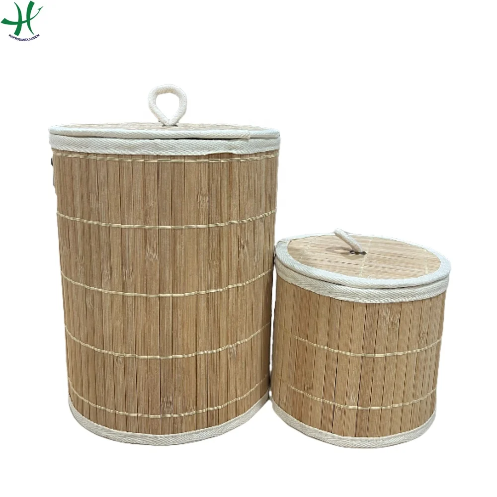 Cheap Wholesale Bamboo Round Shape Basket with lid and cotton rope handle, bamboo products