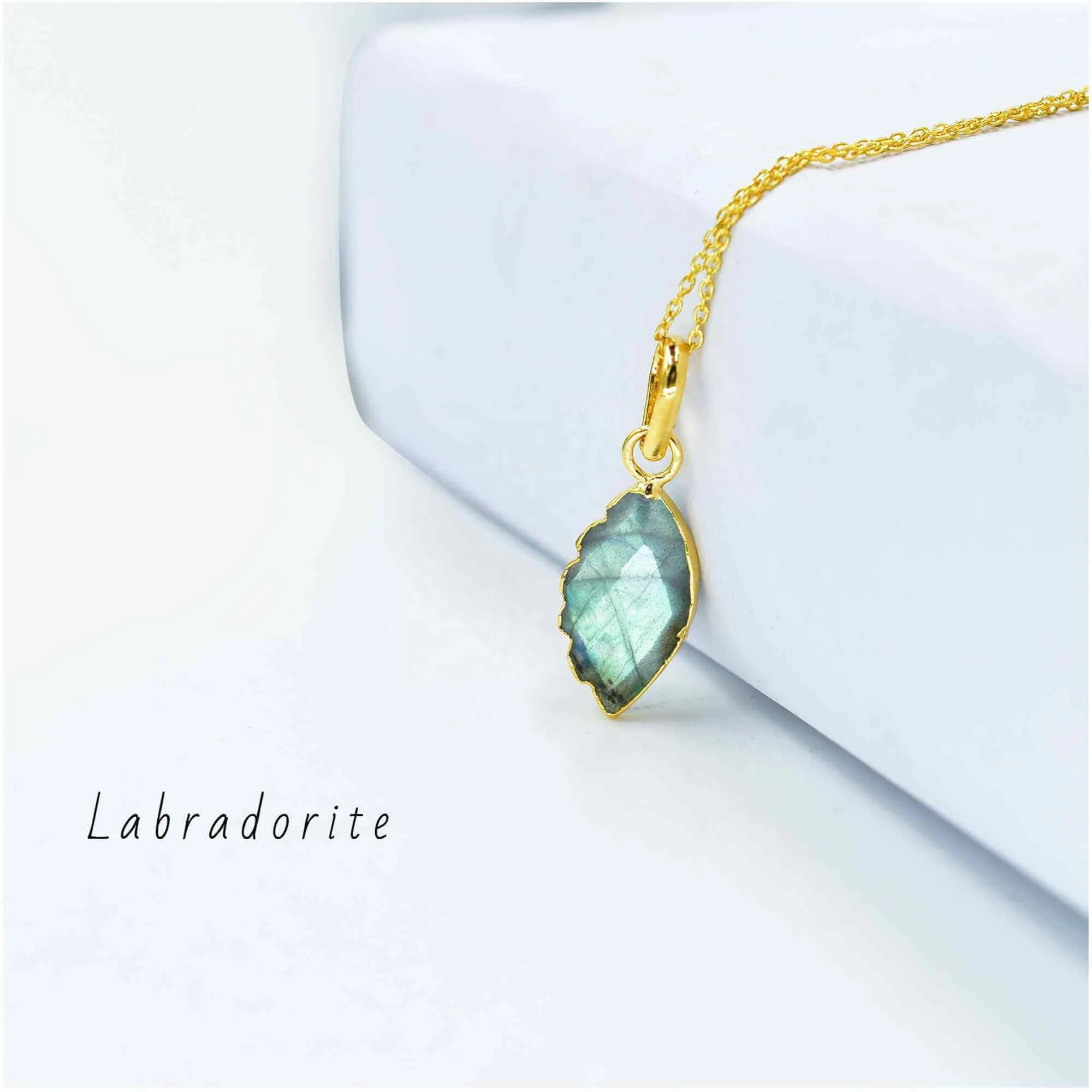 Blue fire labradorite pendant necklace leaf shape carved gemstone jewelry birthstone crystal 925 sterling silver gold plated