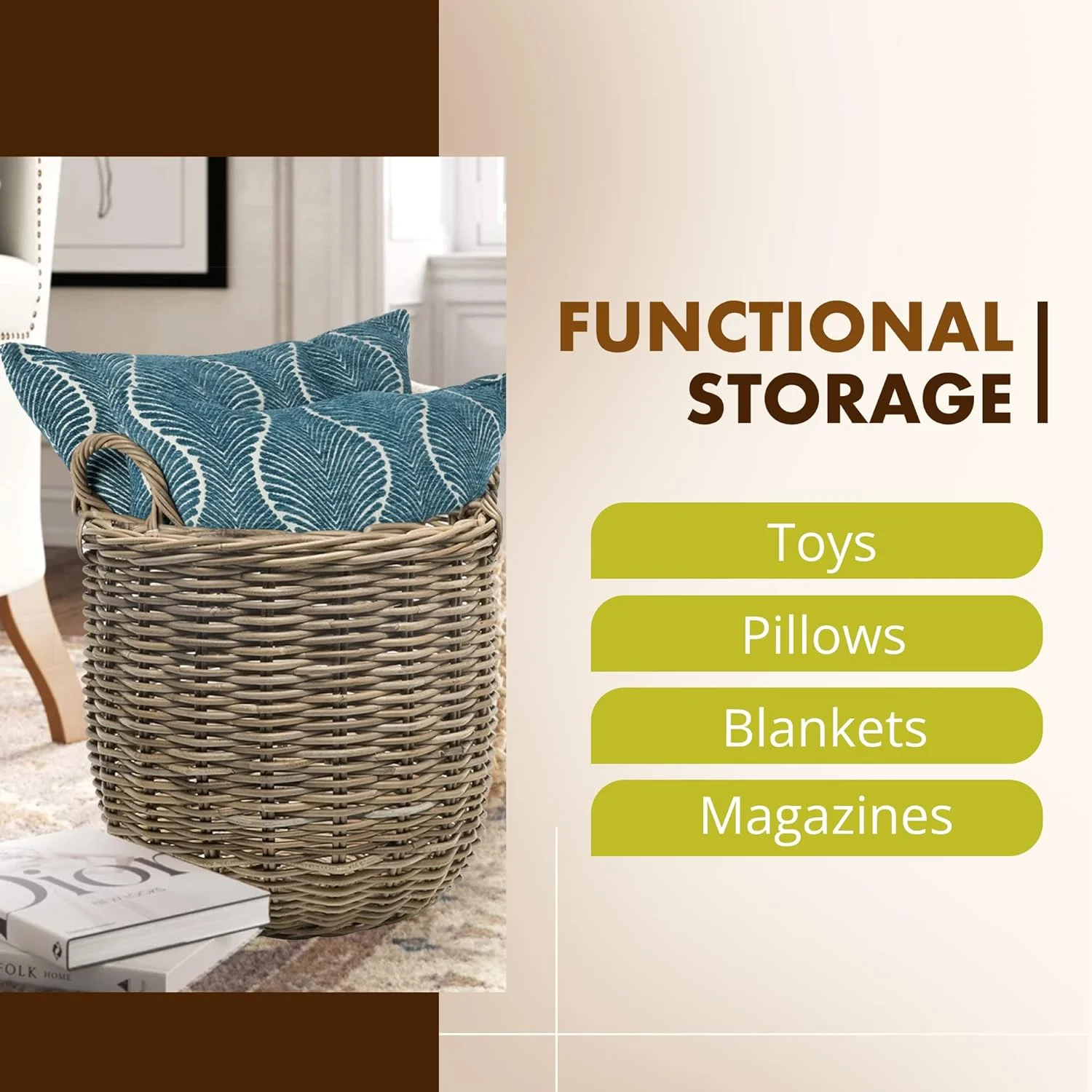 Rattan Kobo Round Storage Basket, Handwoven Rattan Basket with Handles, Organization & Home Decor for Storage, Gray-Brown