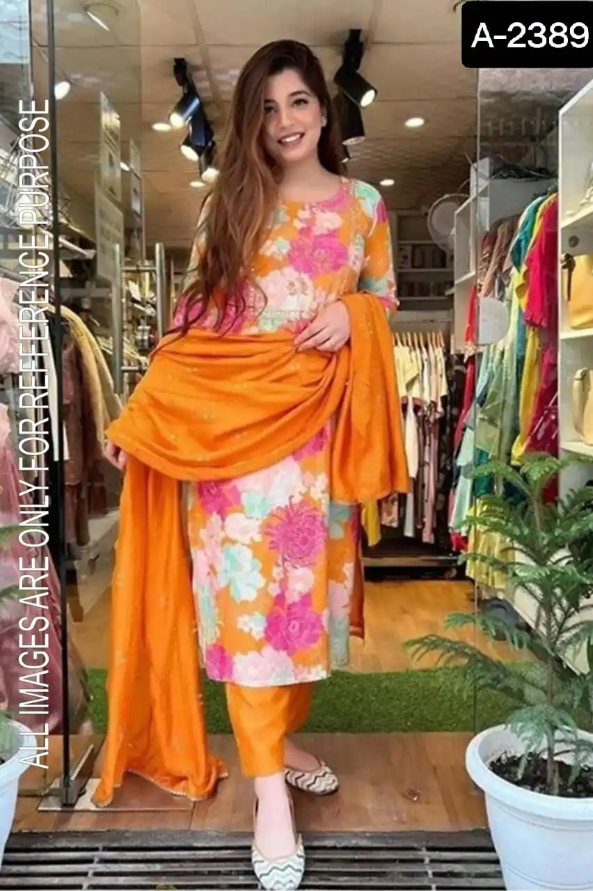 Indian  Heavy Mashin Silk with Complete Lining Fancy Digital Print and Nake Embroidery Design Work Kurtis with Bottom and Dupatt