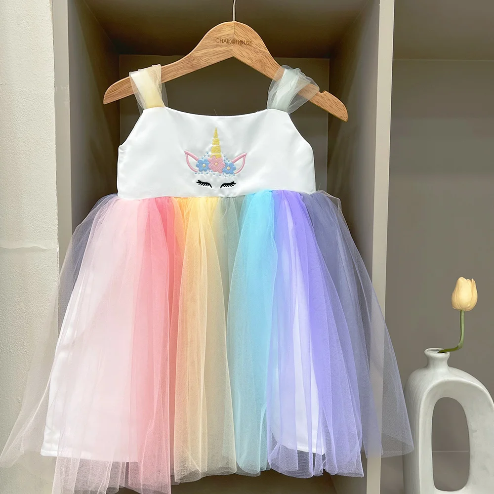 Cosplay Costume Wholesale Unicorn Dress White Pink Princess Dress Little Girl Frocks For Girls Kids Party Sleeveless-Pony Dress