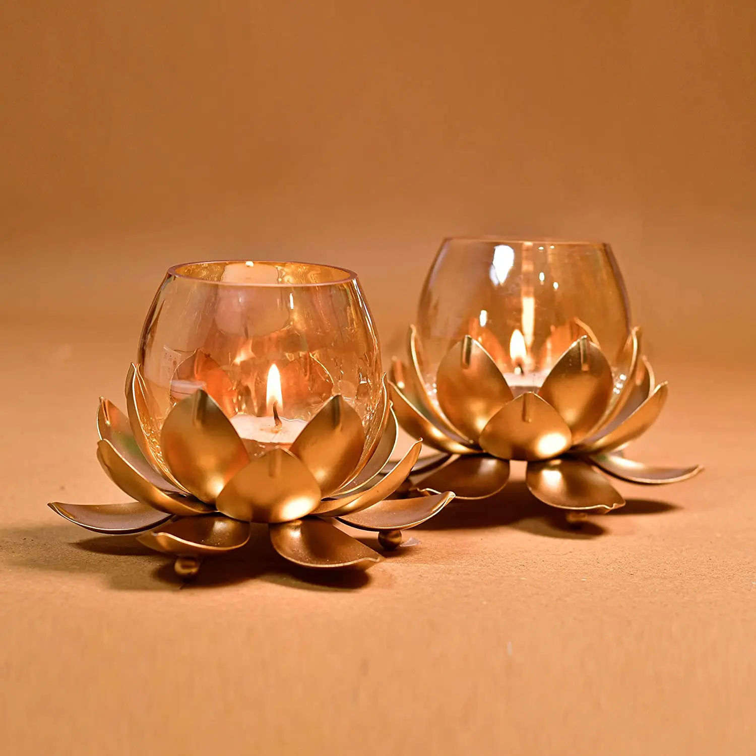 Brass Metal Lotus Flower Shape Candle Tealight Holder with Crackled Glass Cover Candlestick Pack Of 2 BY KSN