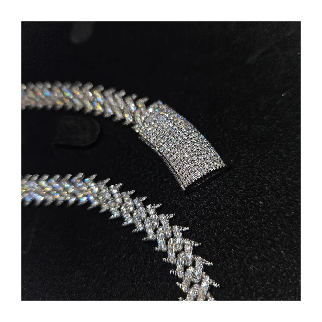 Silver 18k White Plated Spike Set Miami Cuban Link Chain Complete With VVS1 D-Colour Moissanite Diamonds